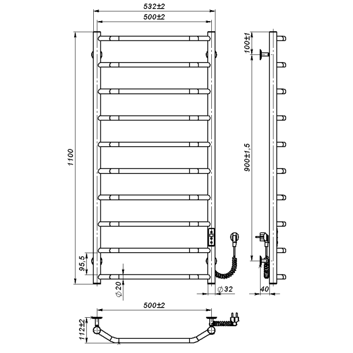Рушникосушарка електрична Ava (1100*500,10,Полірована,Праве підключення,JD03)