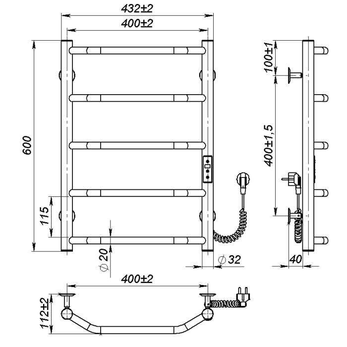 Рушникосушарка електрична Ava (600*400,5,Сіра,Праве підключення,JD03)