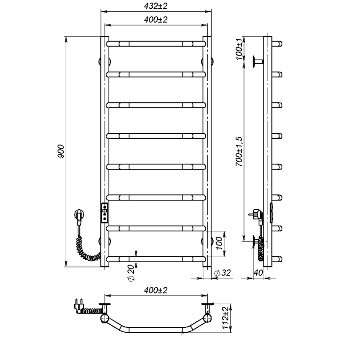 Рушникосушарка електрична Ava (900*400,8,Сіра,Ліве підключення,JD03)