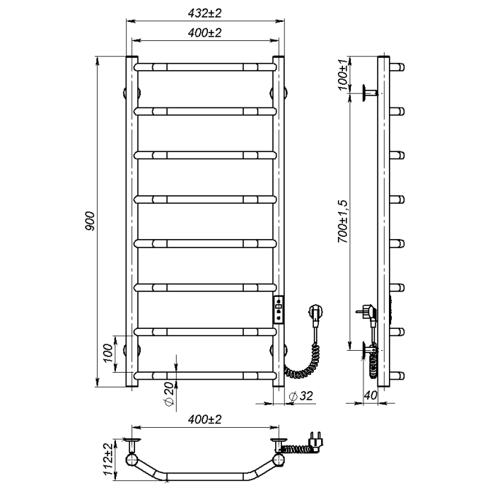 Рушникосушарка електрична Ava (900*400,8,Сіра,Праве підключення,JD03)