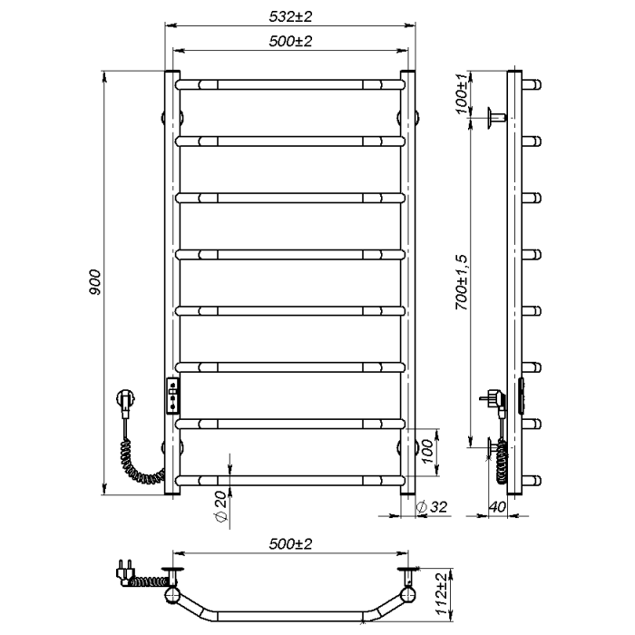Рушникосушарка електрична Ava (900*500,8,Сіра,Ліве підключення,JD03)