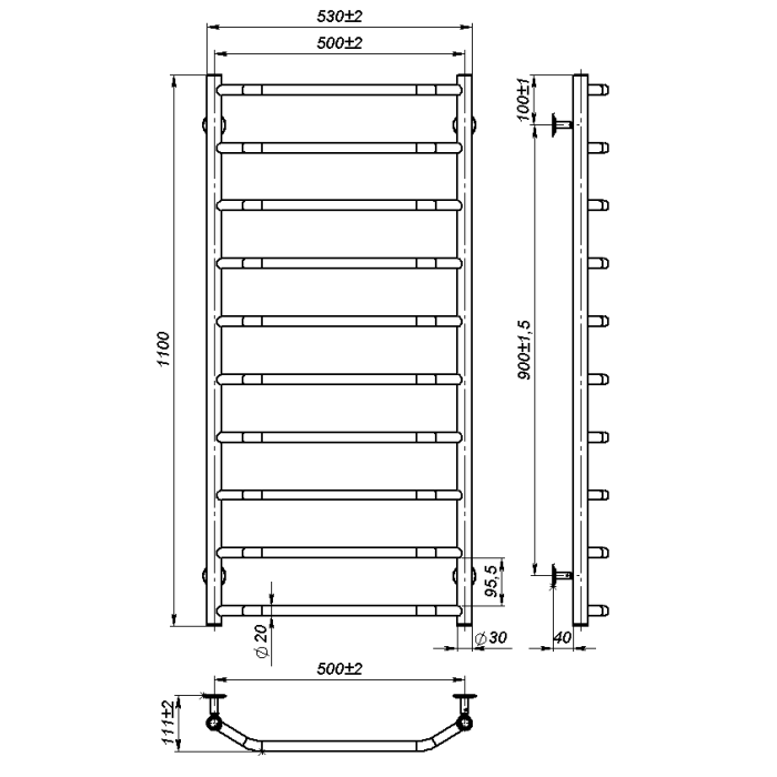 Рушникосушарка водяна Ava (1100*500,10,Полірована,Ліве підключення)