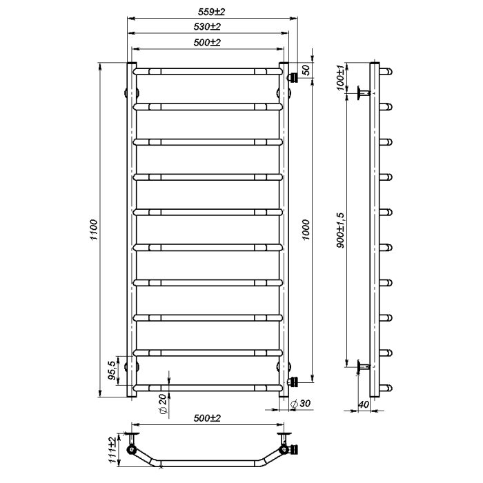 Рушникосушарка водяна Ava (1100*500,10,Полірована,Ліве підключення)