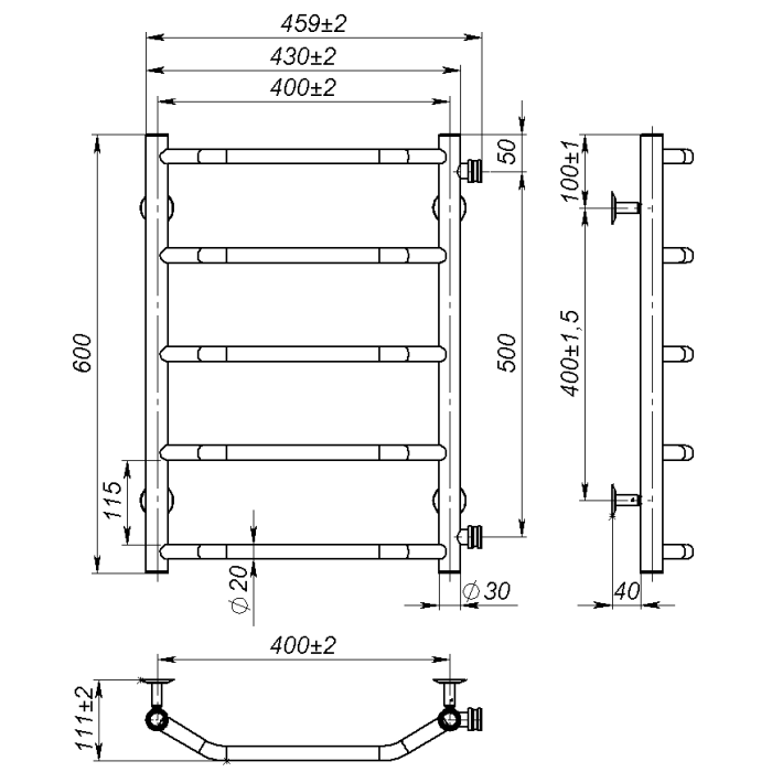 Рушникосушарка водяна Ava (600*400,5,Чорна,Ліве підключення)