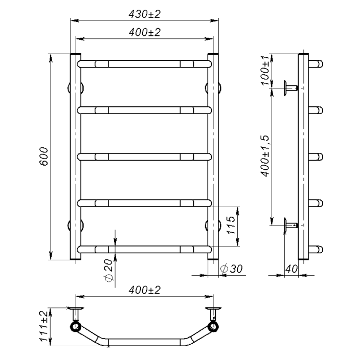 Рушникосушарка водяна Ava (600*400,5,Полірована,Ліве підключення)