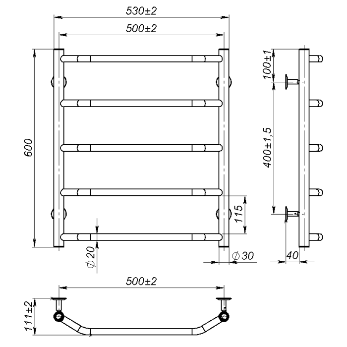 Рушникосушарка водяна Ava (600*500,5,Сіра,Ліве підключення)
