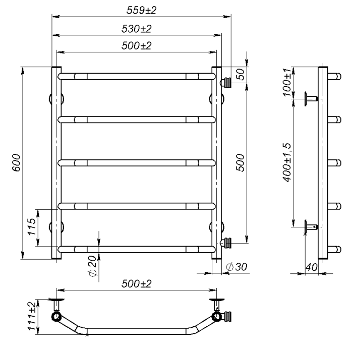 Рушникосушарка водяна Ava (600*500,5,Сіра,Ліве підключення)
