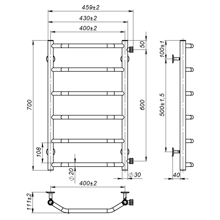 Рушникосушарка водяна Ava (700*400,6,Чорна,Нижнє підключення)