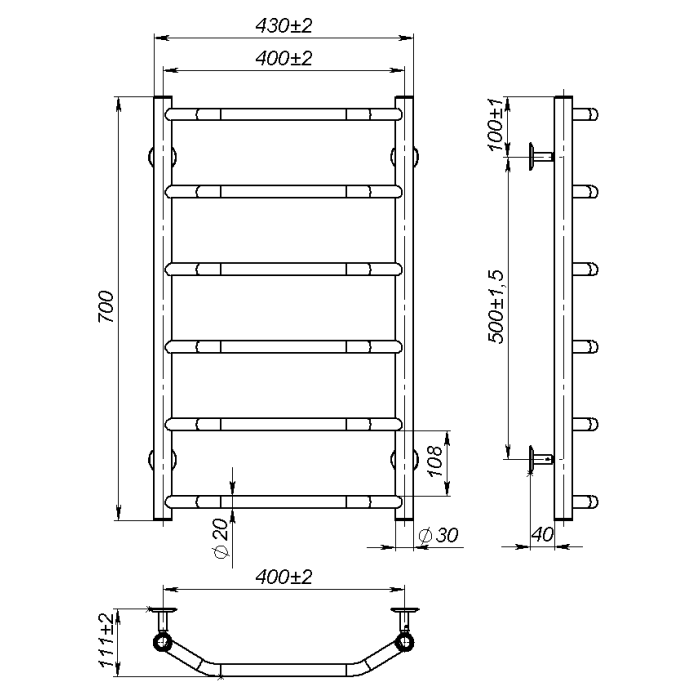 Рушникосушарка водяна Ava (700*400,6,Полірована,Ліве підключення)