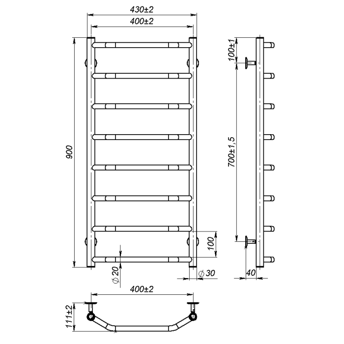 Рушникосушарка водяна Ava (900*400,8,Чорна,Ліве підключення)