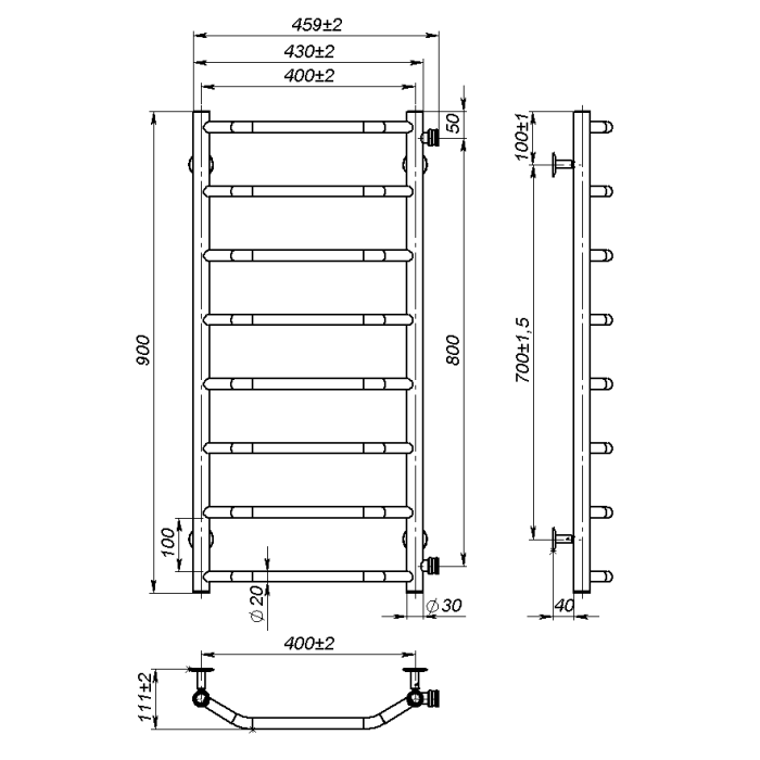 Рушникосушарка водяна Ava (900*400,8,Полірована,Ліве підключення)