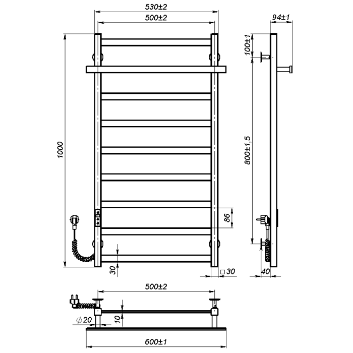 Рушникосушарка електрична Melissa (1000*500,9,Сіра,Ліве підключення,JD04)