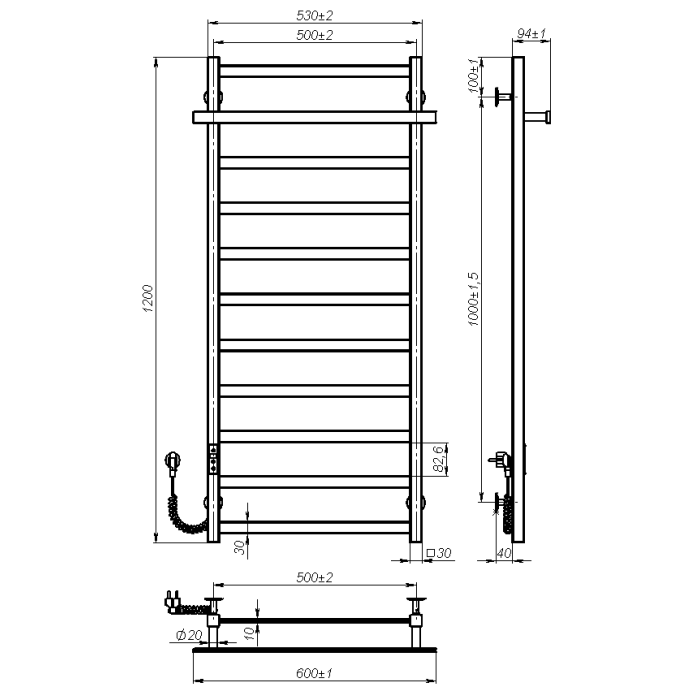 Рушникосушарка електрична Melissa (1200*500,11,Сіра,Ліве підключення,JD04)