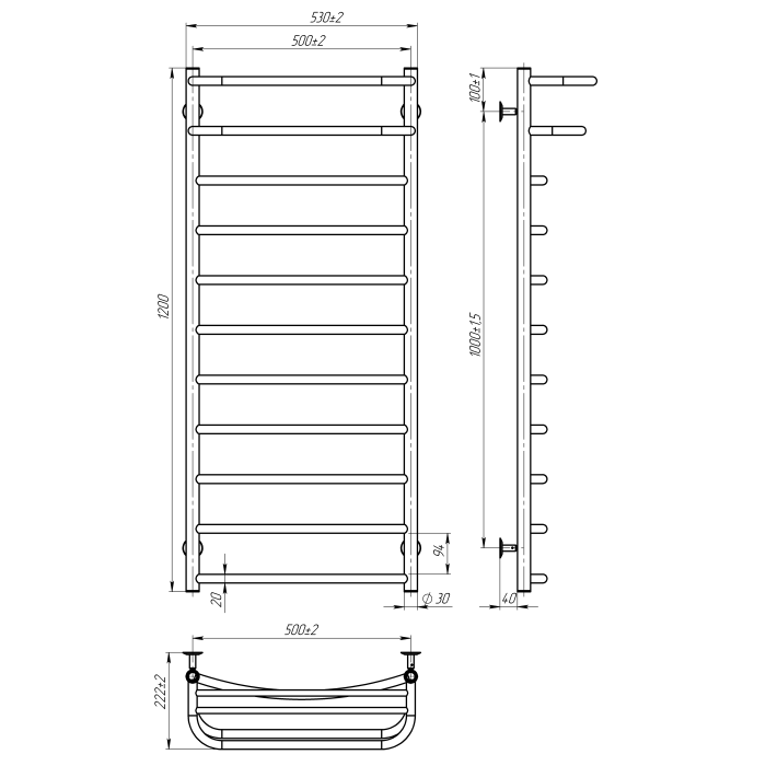 Рушникосушарка водяна Optima (1200*500,11,Сіра,Нижнє підключення)