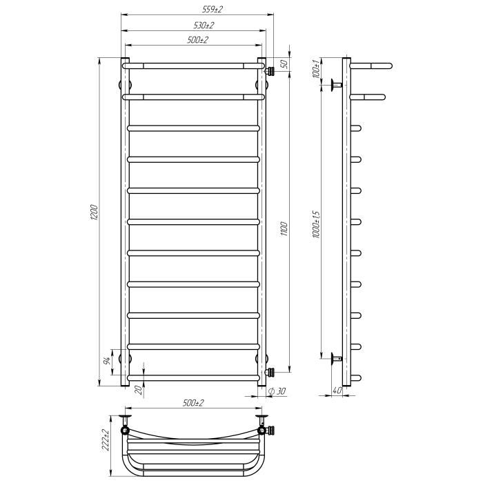 Рушникосушарка водяна Optima (1200*500,11,Сіра,Нижнє підключення)
