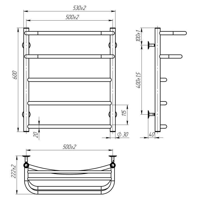 Рушникосушарка водяна Optima (600*500,5,Сіра,Ліве підключення)