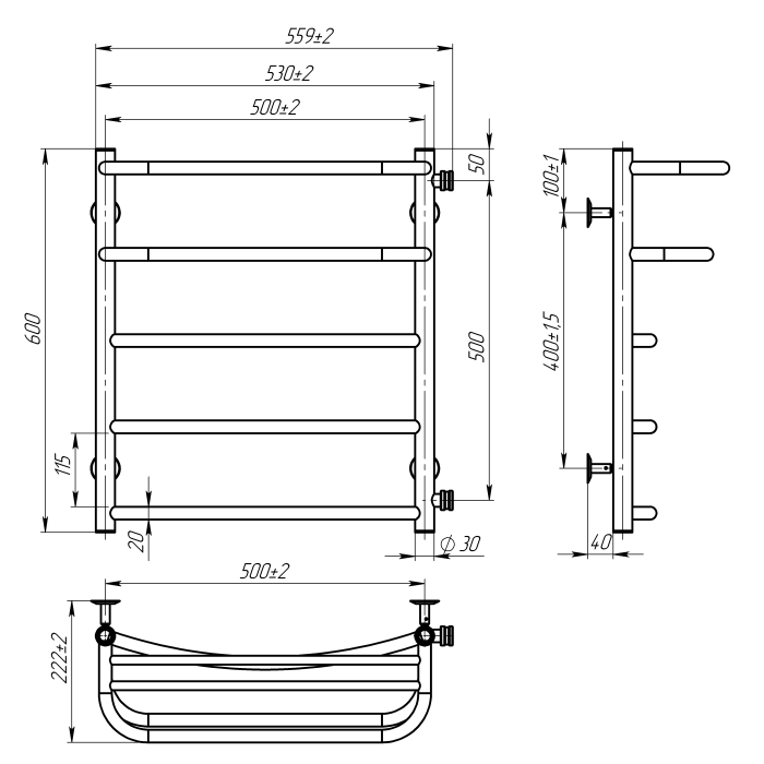 Рушникосушарка водяна Optima (600*500,5,Сіра,Ліве підключення)