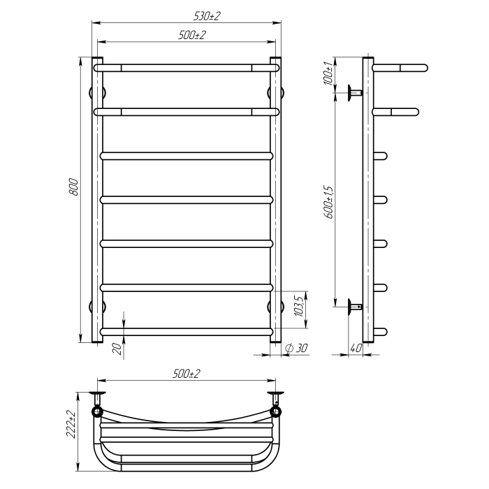 Рушникосушарка водяна Optima (800*500,7,Сіра,Нижнє підключення)