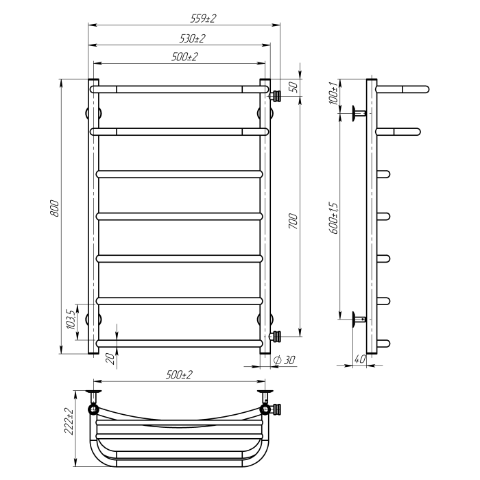 Рушникосушарка водяна Optima (800*500,7,Сіра,Нижнє підключення)