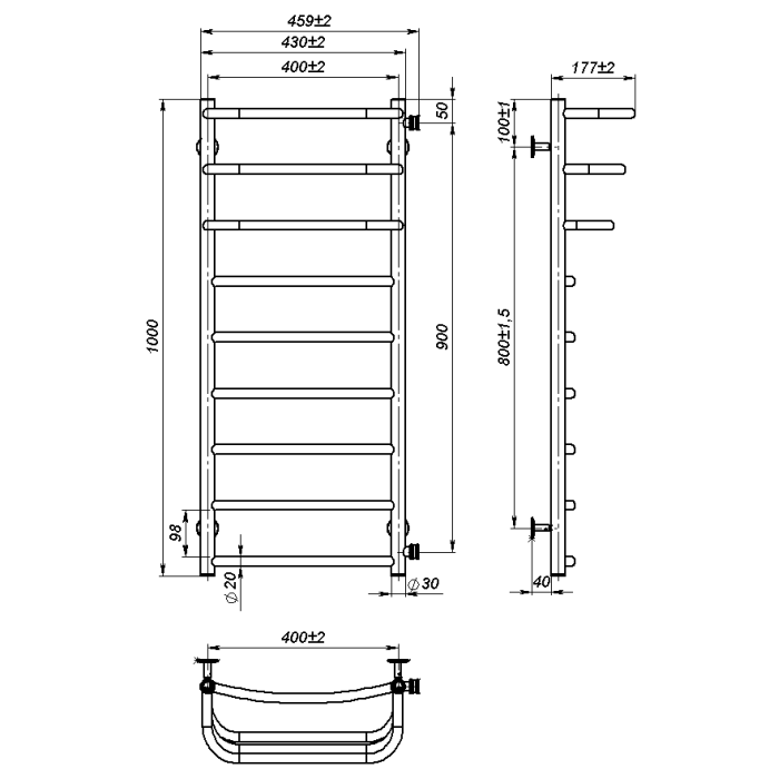 Рушникосушарка водяна Prima (1 000*400,9,Біла,Праве підключення)
