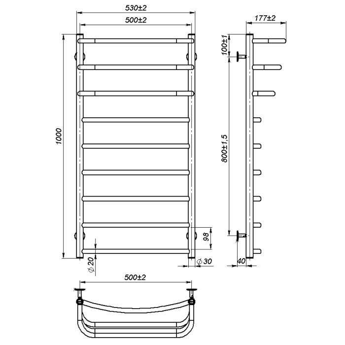 Рушникосушарка водяна Prima (1 000*500,9,Сіра,Праве підключення)