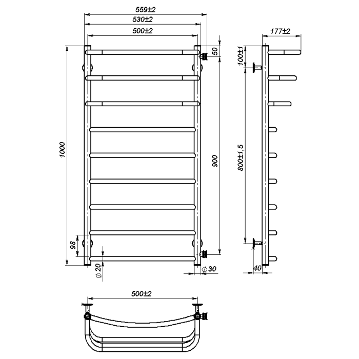 Рушникосушарка водяна Prima (1 000*500,9,Полірована,Праве підключення)