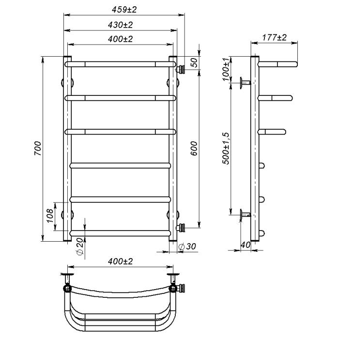 Рушникосушарка водяна Prima (700*400,6,Чорна,Праве підключення)