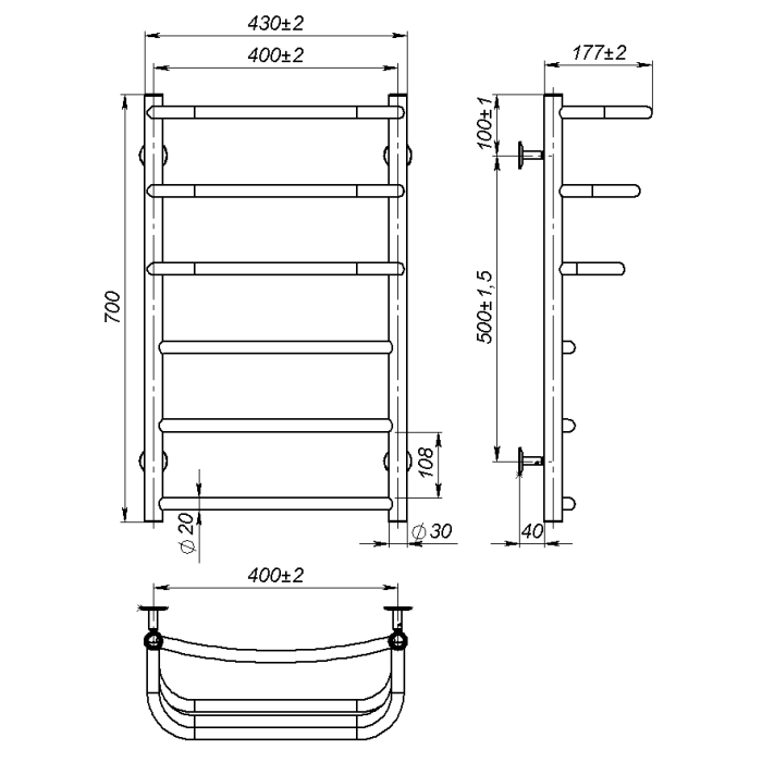 Рушникосушарка водяна Prima (700*400,6,Біла,Праве підключення)