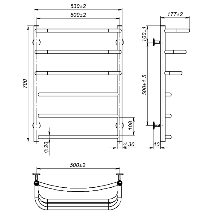 Рушникосушарка водяна Prima (700*500,6,Чорна,Нижнє підключення)