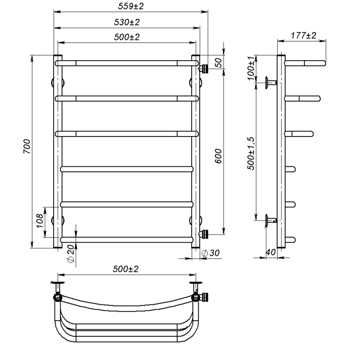 Рушникосушарка водяна Prima (700*500,6,Чорна,Нижнє підключення)