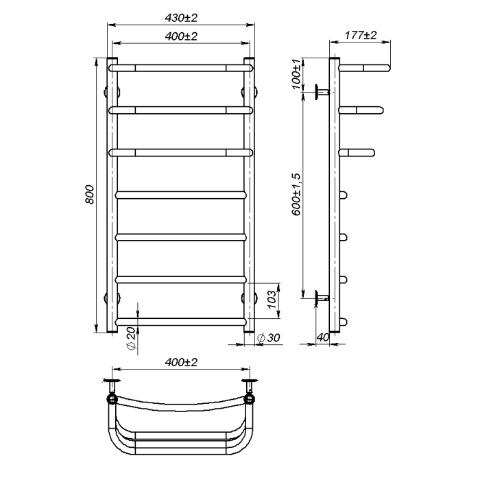 Рушникосушарка водяна Prima (800*400,7,Чорна,Праве підключення)
