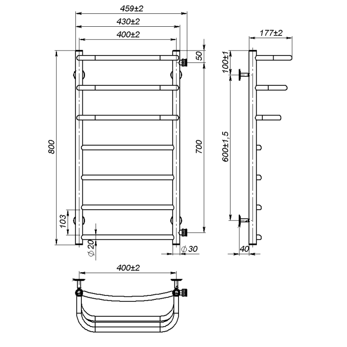 Рушникосушарка водяна Prima (800*400,7,Полірована,Праве підключення)