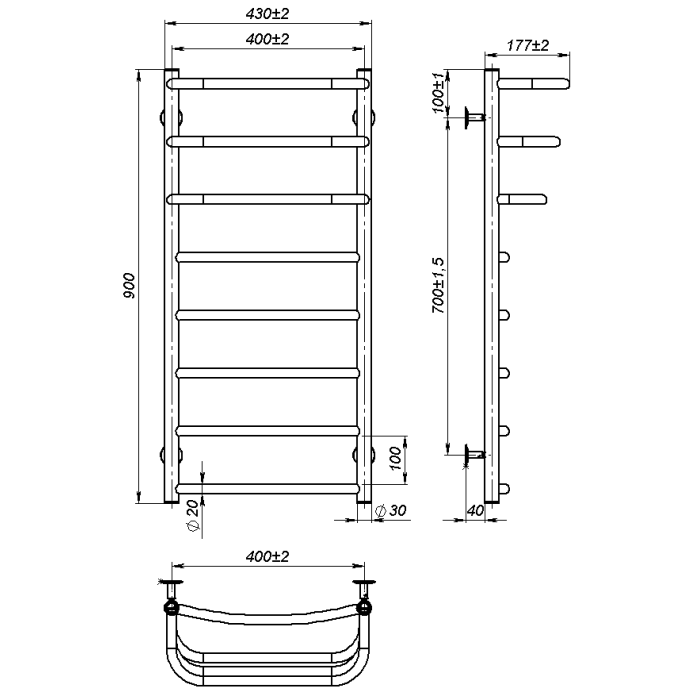Рушникосушарка водяна Prima (900*400,8,Сіра,Праве підключення)