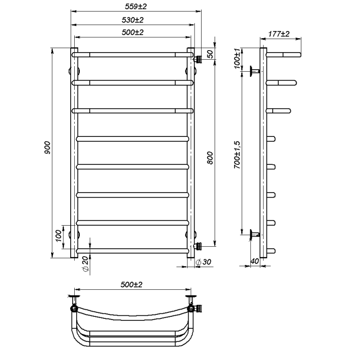 Рушникосушарка водяна Prima (900*500,8,Полірована,Праве підключення)