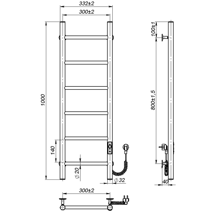 Рушникосушарка електрична Round (1000*300,6,Сіра,Праве підключення,JD03)