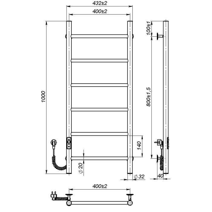 Рушникосушарка електрична Round (1000*400,6,Сіра,Ліве підключення,JD03)