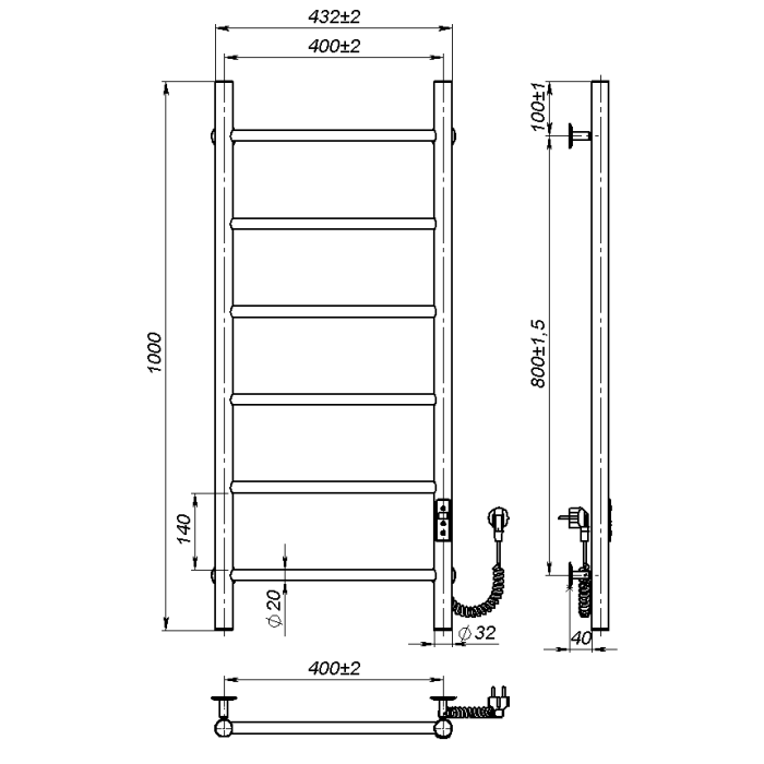 Рушникосушарка електрична Round (1000*400,6,Сіра,Праве підключення,JD03)