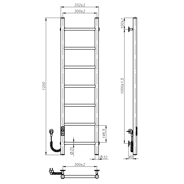 Рушникосушарка електрична Round (1200*300,7,Сіра,Ліве підключення,JD03)