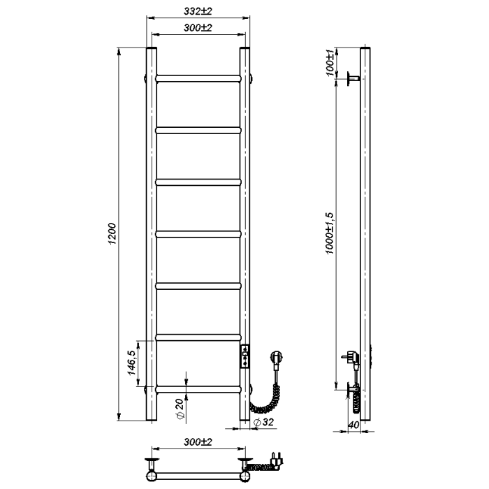 Рушникосушарка електрична Round (1200*300,7,Сіра,Праве підключення,JD03)