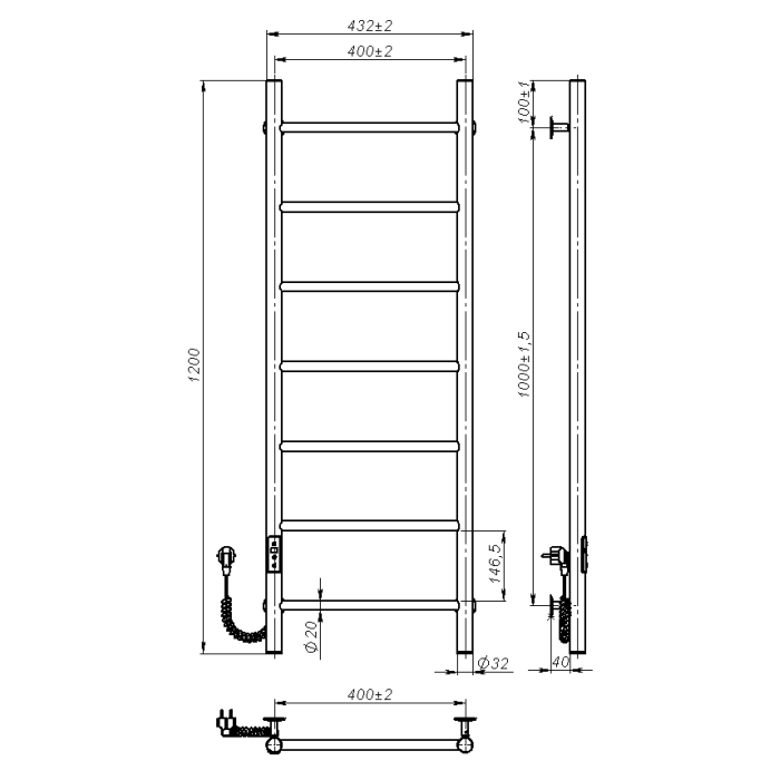 Рушникосушарка електрична Round (1200*400,7,Біла,Ліве підключення,JD03)