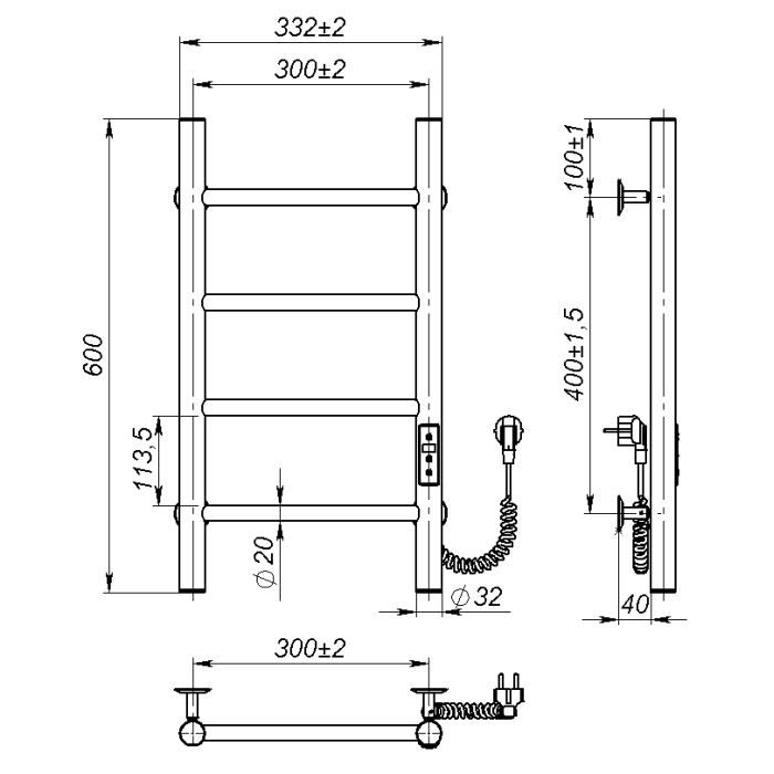 Рушникосушарка електрична Round (600*300,4,Полірована,Праве підключення,JD03)