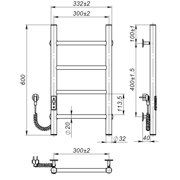 Рушникосушарка електрична Round (600*300,4,Біла,Ліве підключення,JD03)