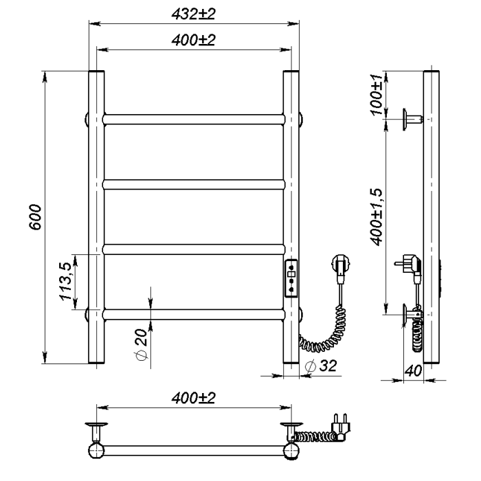Рушникосушарка електрична Round (600*400,4,Сіра,Праве підключення,JD03)