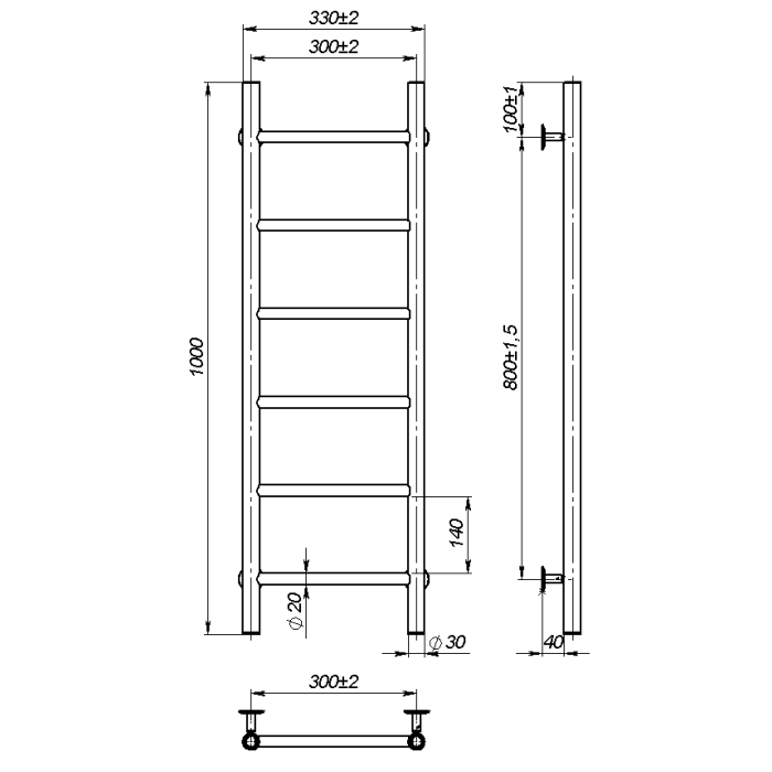 Рушникосушарка водяна Round (1000*300,6,Чорна,Праве підключення)