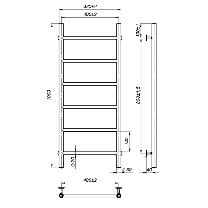 Рушникосушарка водяна Round (1000*400,6,Чорна,Ліве підключення)