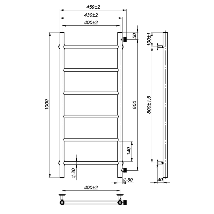 Рушникосушарка водяна Round (1000*400,6,Полірована,Ліве підключення)