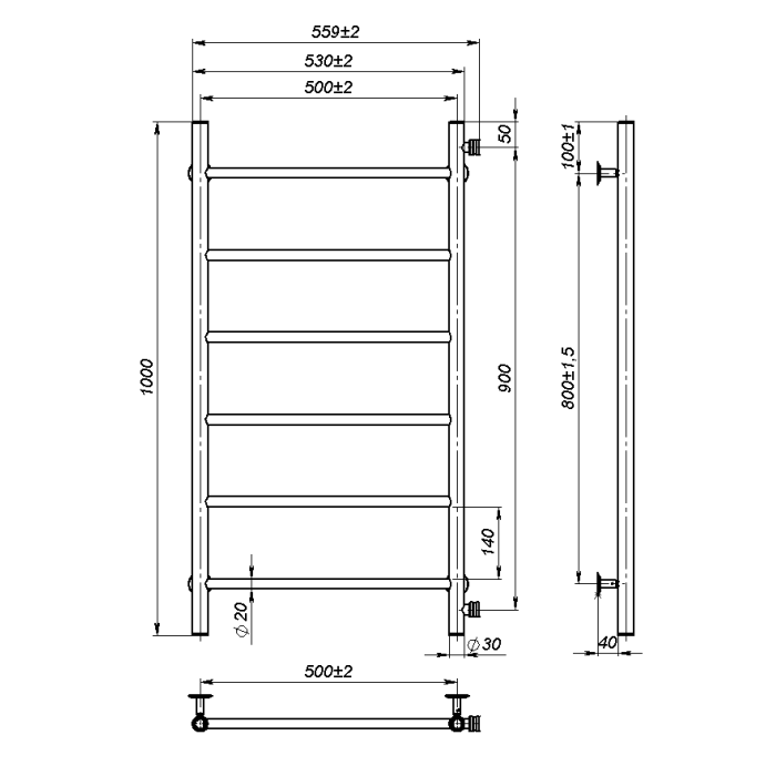 Рушникосушарка водяна Round (1000*500,6,Сіра,Ліве підключення)