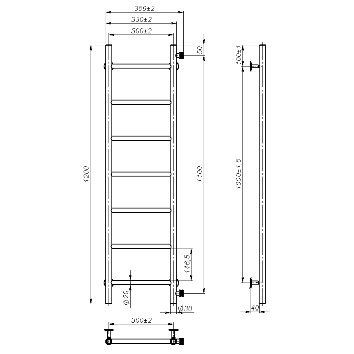 Рушникосушарка водяна Round (1200*300,7,Чорна,Нижнє підключення)