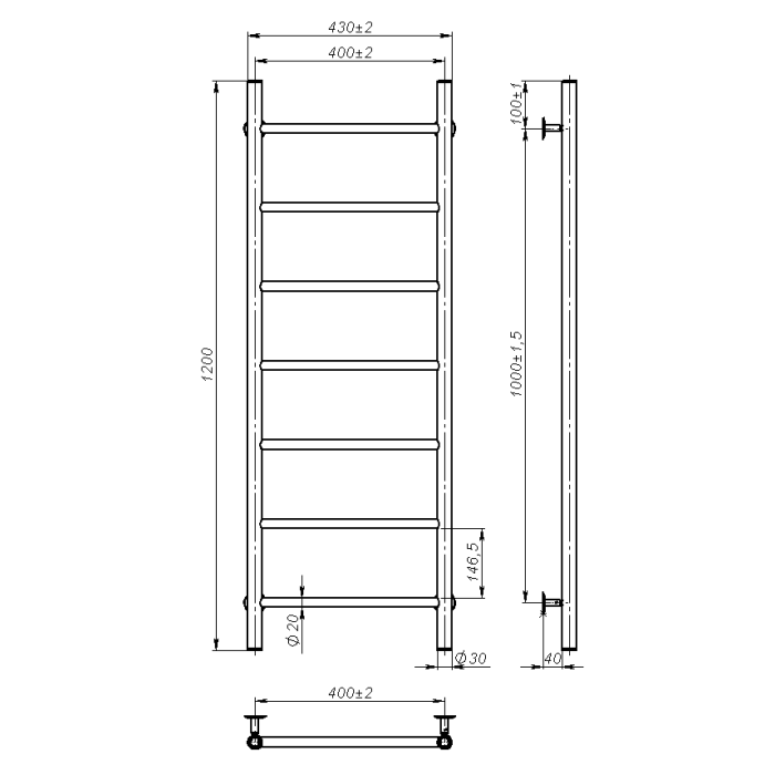 Рушникосушарка водяна Round (1200*400,7,Чорна,Нижнє підключення)