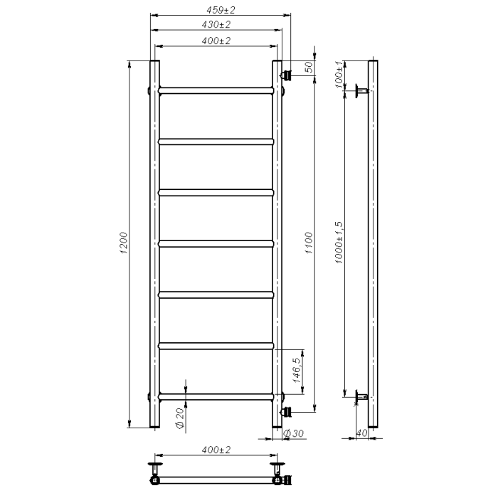 Рушникосушарка водяна Round (1200*400,7,Чорна,Нижнє підключення)